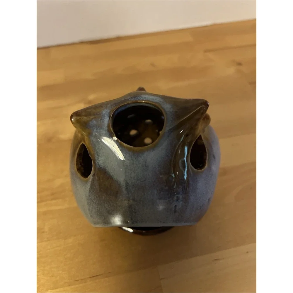 Pier 1 Imports Ceramic Owl Votive Candle Holder Brown Blue Drip Glaze MCM